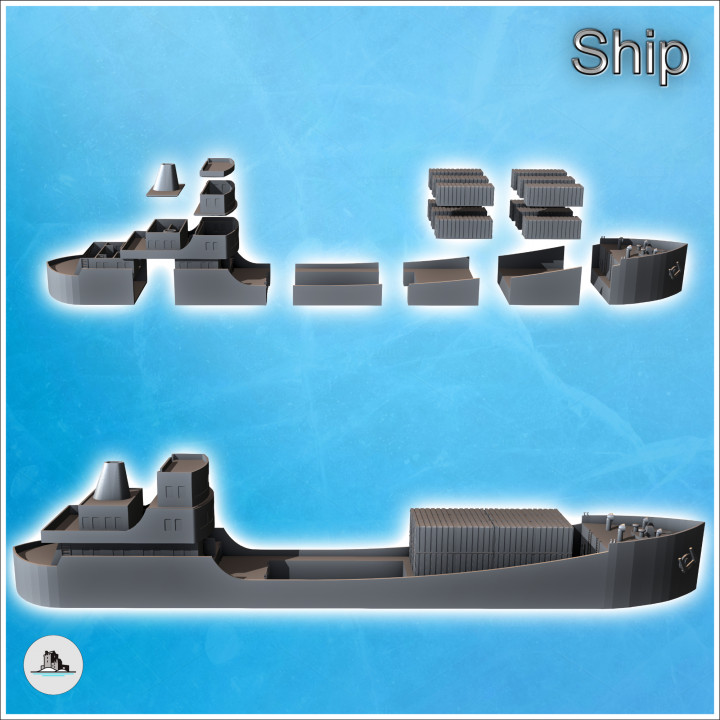 Modern cargo ship with set of containers in central forward position (6) - Modern WW2 WW1 World War Diaroma Wargaming RPG Mini Hobby image
