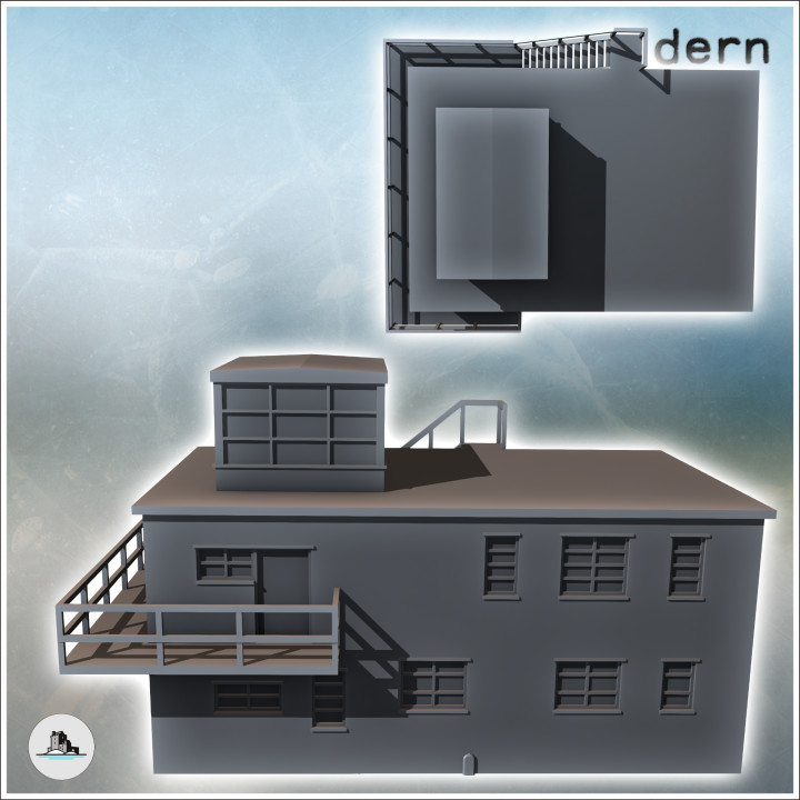 Modern flat-roofed building with observation balcony and multiple windows (47) - Modern WW2 WW1 World War Diaroma Wargaming RPG Mini Hobby image