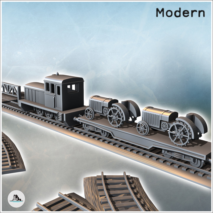 Set of modern trains with diesel locomotive, platforms with tractors, and cattle transport wagons (2) - Modern WW2 WW1 World War Diaroma Wargaming RPG Mini Hobby