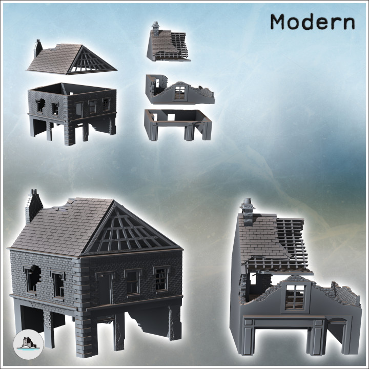Set of two modern ruined houses with exposed framework and ground-floor shop (45) - Modern WW2 WW1 World War Diaroma Wargaming RPG Mini Hobby image