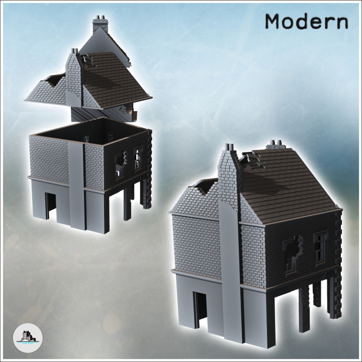 Set of two modern ruined houses with exposed framework and ground-floor shop (45) - Modern WW2 WW1 World War Diaroma Wargaming RPG Mini Hobby image