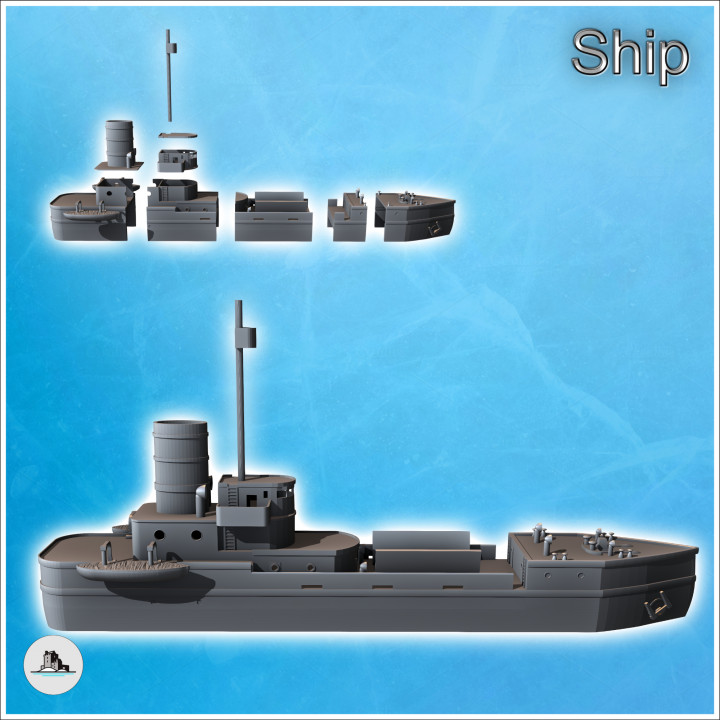 Modern cargo ship with open hold, observation mast, and lifeboat (4) - Modern WW2 WW1 World War Diaroma Wargaming RPG Mini Hobby image