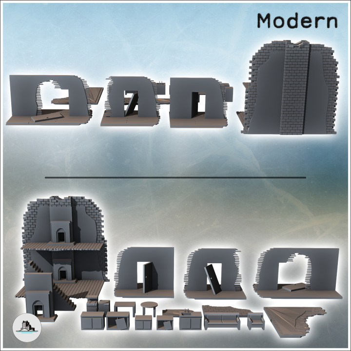 Set of accessories for urban ruins with interior furniture and wall sections (1) - Modern WW2 WW1 World War Diaroma Wargaming RPG Mini Hobby image