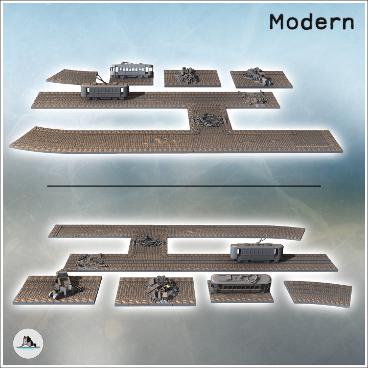 Set of modular paved roads for a modern city with debris and tramway (2) - Modern WW2 WW1 World War Diaroma Wargaming RPG Mini Hobby image