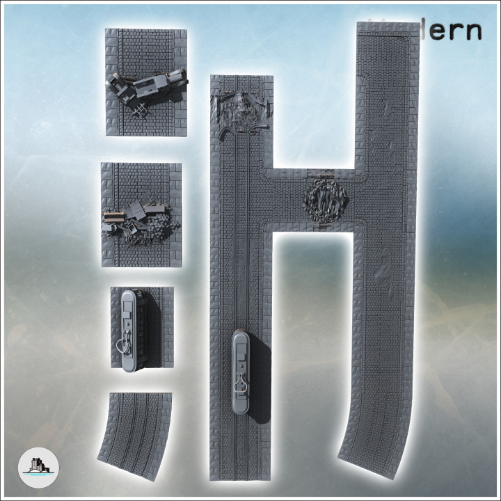 Set of modular paved roads for a modern city with debris and tramway (2) - Modern WW2 WW1 World War Diaroma Wargaming RPG Mini Hobby