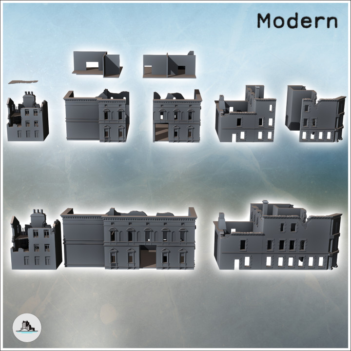 Set of three ruined modern buildings with cornice windows (9) - Modern WW2 WW1 World War Diaroma Wargaming RPG Mini Hobby image