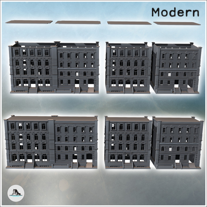 Set of three baroque modern buildings with cornices and access stairs (10) - Modern WW2 WW1 World War Diaroma Wargaming RPG Mini Hobby image