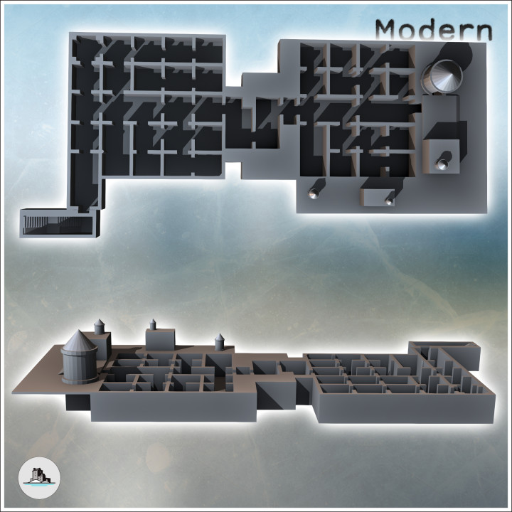 Large underground bunkers with maze of rooms and corridors, access stairs, and exterior ventilation accessories (11) - Modern WW2 WW1 World War Diaroma Wargaming RPG Mini Hobby