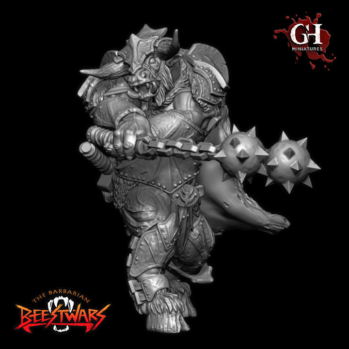 Bstmn16 Clovis Minotaur spinning with morning star (Pre-supported) 55mm tall image