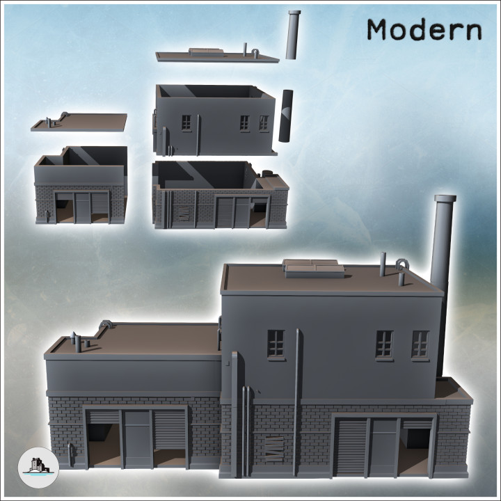 Modern industrial building with barricaded window, chimney, and roll-up doors (6) - Modern WW2 WW1 World War Diaroma Wargaming RPG Mini Hobby image