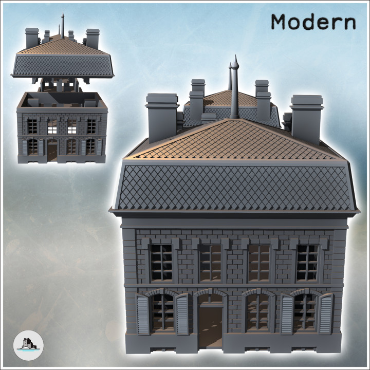 Baroque-style hotel with Mansard roof, double roof arrows, and multiple chimneys (9) - Modern WW2 WW1 World War Diaroma Wargaming RPG Mini Hobby