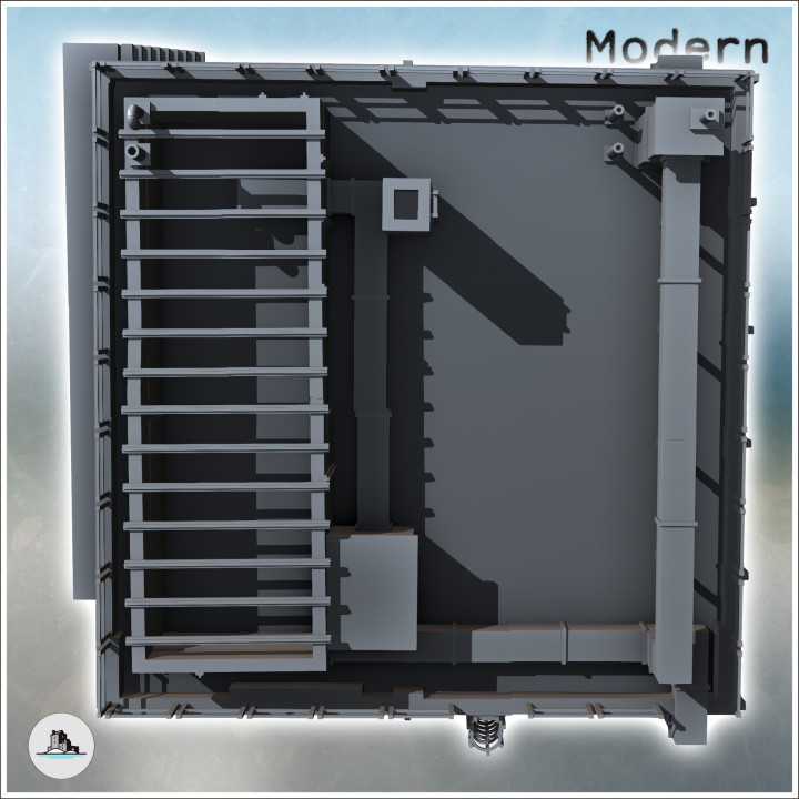 Modern industrial building with roof access ladder, brick walls, and loading platform (14) - Modern WW2 WW1 World War Diaroma Wargaming RPG Mini Hobby