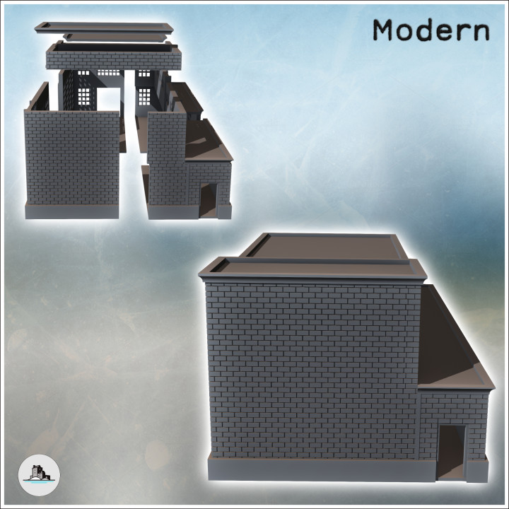Modern industrial brick building with flat roofs, large access door, and windows (15) - Modern WW2 WW1 World War Diaroma Wargaming RPG Mini Hobby image