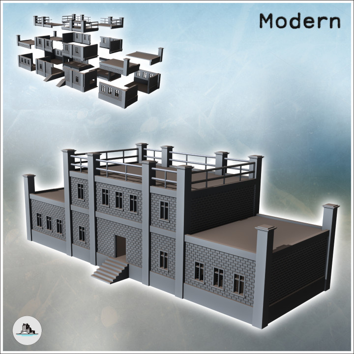 Modern brick building with flat roof, access stairs, and balustrades (13) - Modern WW2 WW1 World War Diaroma Wargaming RPG Mini Hobby image
