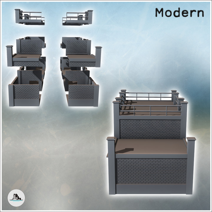 Modern brick building with flat roof, access stairs, and balustrades (13) - Modern WW2 WW1 World War Diaroma Wargaming RPG Mini Hobby image