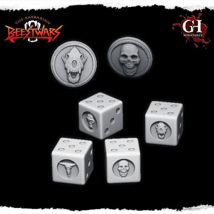 4 Critical hit Dice and 5 coins: Status symbol coins: Froth, wound, stun, Blood magic with Skulls motifs: Geladan, Clovis, Human, Hyena (Unsupported) For use with the Beestwars skirmish rules. image
