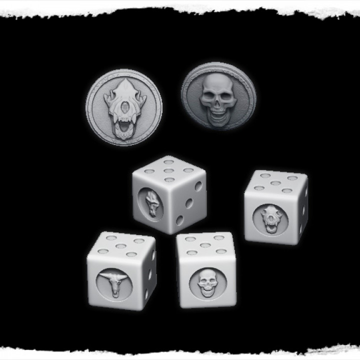 4 Critical hit Dice and 5 coins: Status symbol coins: Froth, wound, stun, Blood magic with Skulls motifs: Geladan, Clovis, Human, Hyena (Unsupported) For use with the Beestwars skirmish rules.