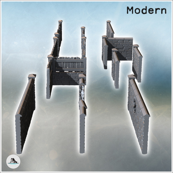 Set of modular rural stone walls with wooden panels (2) - Modern WW2 WW1 World War Diaroma Wargaming RPG Mini Hobby