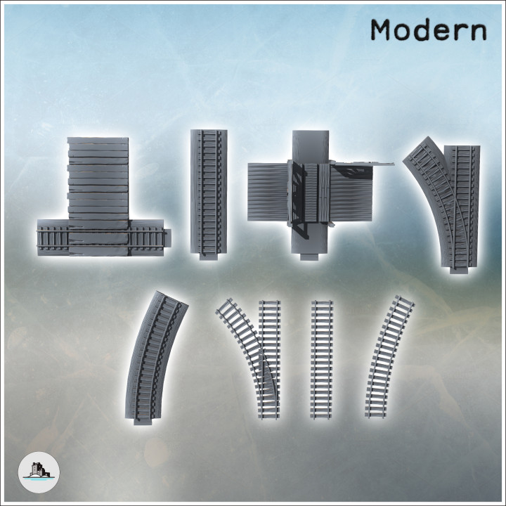 Set of modular railway tracks with curves and level crossings (3) - Modern WW2 WW1 World War Diaroma Wargaming RPG Mini Hobby