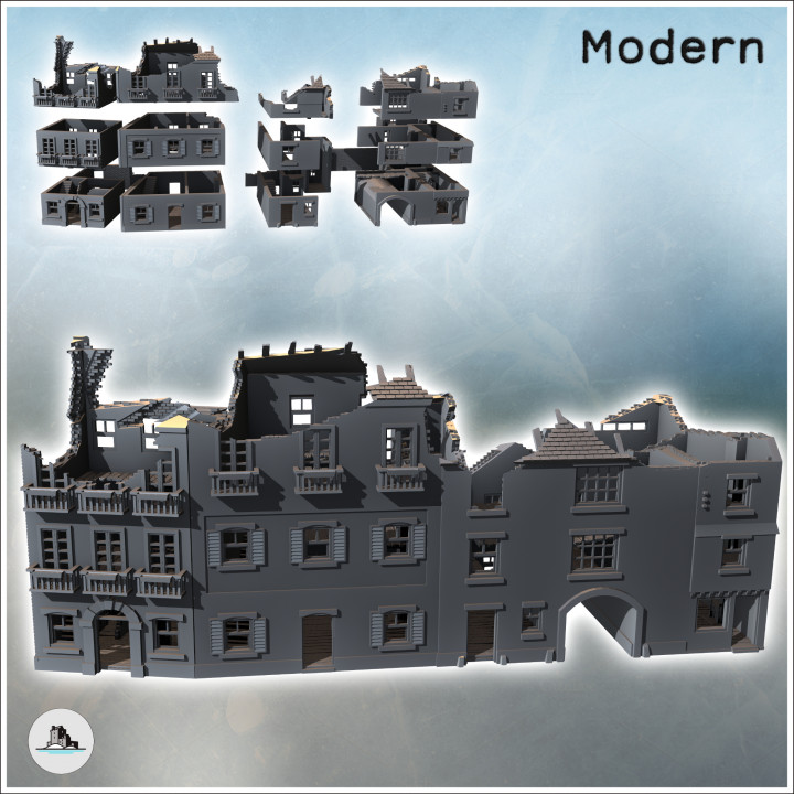 Set of European houses with balconies and arch (ruined version) (2) - Modern WW2 WW1 World War Diaroma Wargaming RPG Mini Hobby image