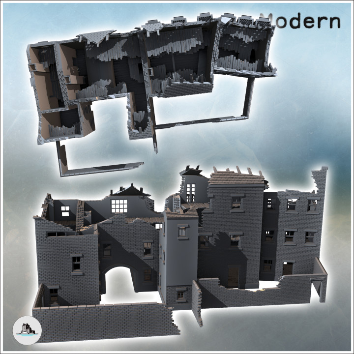 Set of European houses with balconies and arch (ruined version) (2) - Modern WW2 WW1 World War Diaroma Wargaming RPG Mini Hobby image