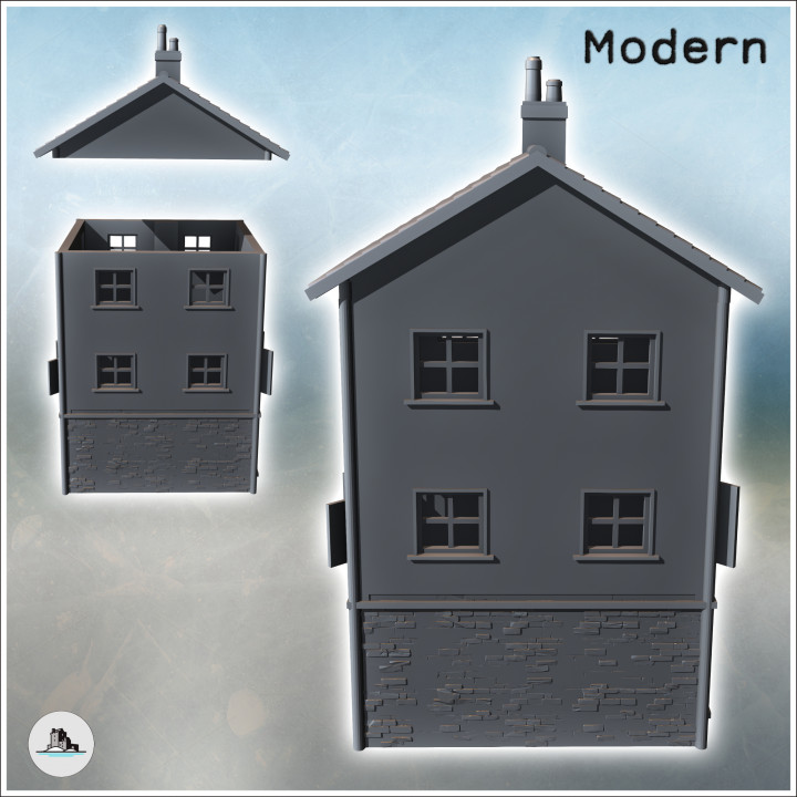 Modern two-story house with tiled roof and chimney (intact version) (3) - Modern WW2 WW1 World War Diaroma Wargaming RPG Mini Hobby