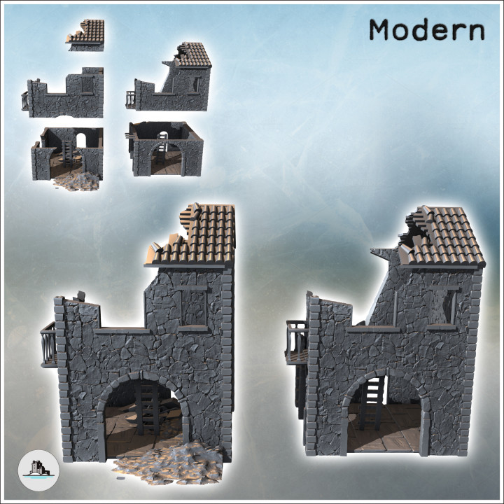 Set of two ruined houses with floors, access ladder, and balcony (5) - Modern WW2 WW1 World War Diaroma Wargaming RPG Mini Hobby