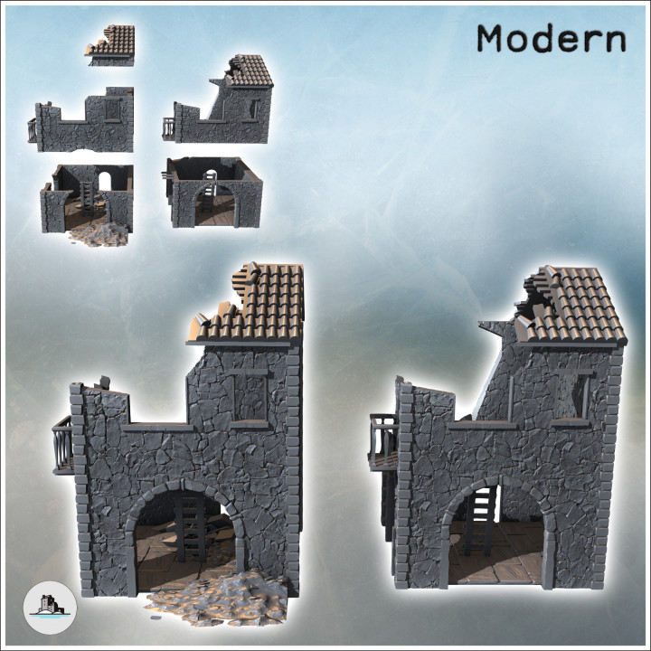 Set of two ruined houses with floors, access ladder, and balcony (5) - Modern WW2 WW1 World War Diaroma Wargaming RPG Mini Hobby image