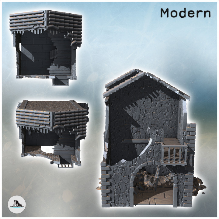 Set of two ruined houses with floors, access ladder, and balcony (5) - Modern WW2 WW1 World War Diaroma Wargaming RPG Mini Hobby image
