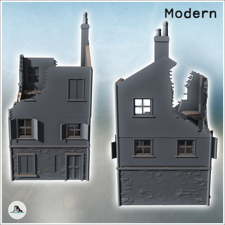 Modern two-story house with tiled roof and chimney (ruined version) (6) - Modern WW2 WW1 World War Diaroma Wargaming RPG Mini Hobby