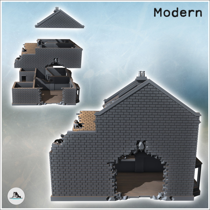 European houses with double bay windows and rear walls (damaged version) (8) - Modern WW2 WW1 World War Diaroma Wargaming RPG Mini Hobby image