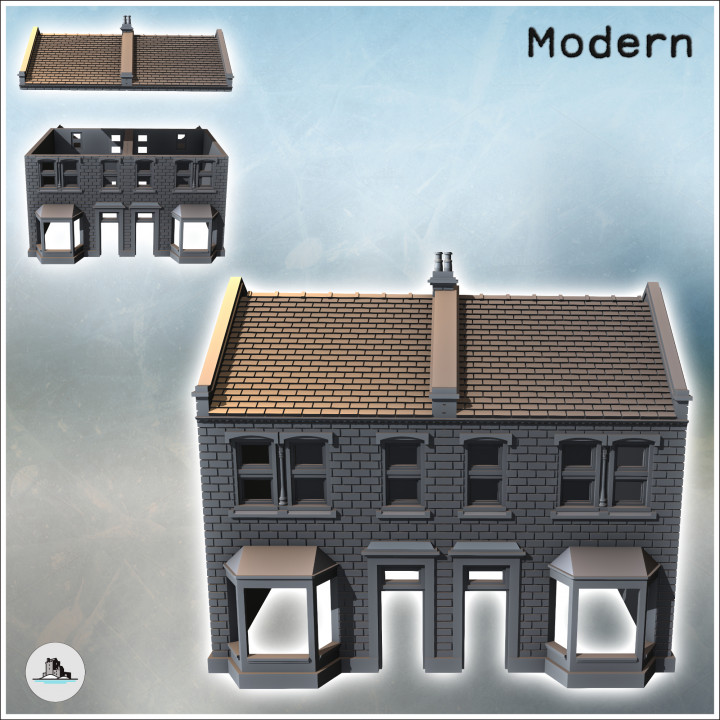 European houses with double bay windows and rear walls (intact version) (9) - Modern WW2 WW1 World War Diaroma Wargaming RPG Mini Hobby