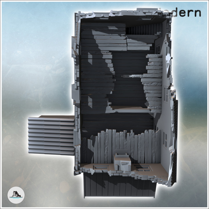 Brick building with two annexes and mansard roof (ruined version) (12) - Modern WW2 WW1 World War Diaroma Wargaming RPG Mini Hobby