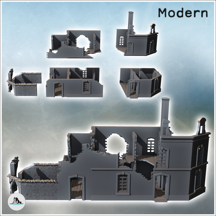 Corner building in ruins with a large chimney stack (14) - Modern WW2 WW1 World War Diaroma Wargaming RPG Mini Hobby