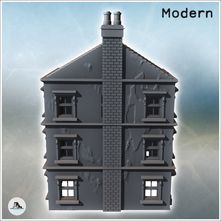 Tiled-roof house with bay window on the ground floor and a large rear wall (intact version) (18) - Modern WW2 WW1 World War Diaroma Wargaming RPG Mini Hobby