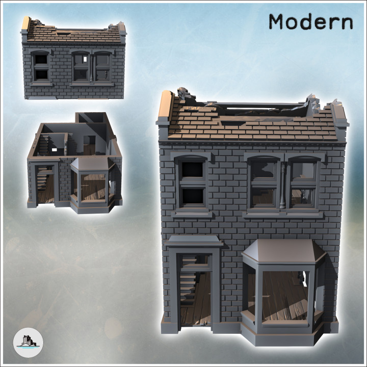 Tiled-roof house with bay window on the ground floor and a large rear wall (damaged version) (26) - Modern WW2 WW1 World War Diaroma Wargaming RPG Mini Hobby