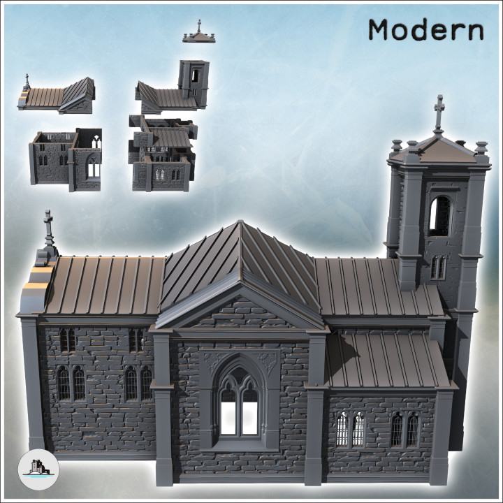 Modern Christian church with steeple, stained glass windows, and zinc roof (27) - Modern WW2 WW1 World War Diaroma Wargaming RPG Mini Hobby image