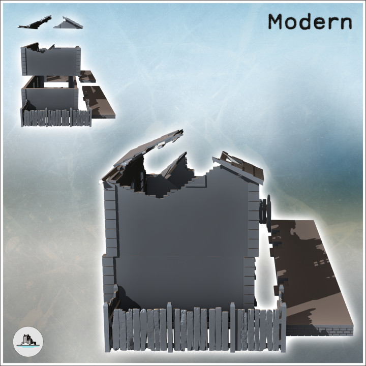 Railway station with annex building and wooden fence (ruined version) (28) - Modern WW2 WW1 World War Diaroma Wargaming RPG Mini Hobby