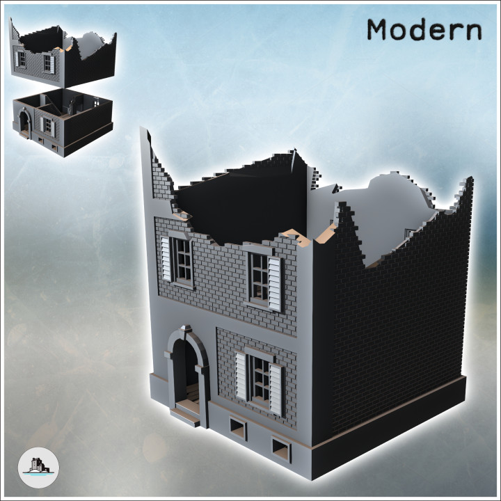 Square brick building with shuttered windows and two floors (ruined version) (30) - Modern WW2 WW1 World War Diaroma Wargaming RPG Mini Hobby image