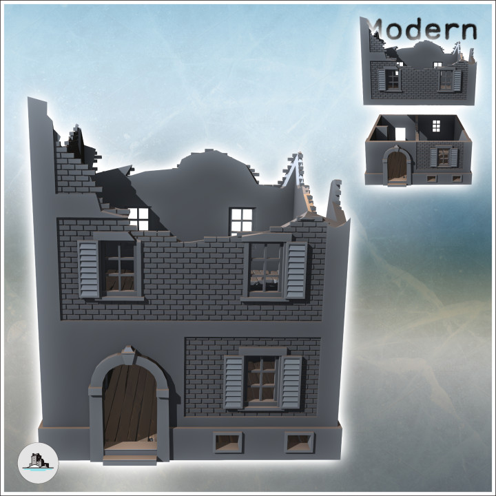 Square brick building with shuttered windows and two floors (ruined version) (30) - Modern WW2 WW1 World War Diaroma Wargaming RPG Mini Hobby image