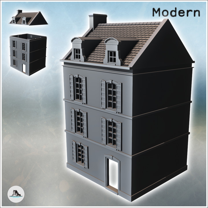 Square building with two floors and baroque-style roof windows (intact version) (32) - Modern WW2 WW1 World War Diaroma Wargaming RPG Mini Hobby image