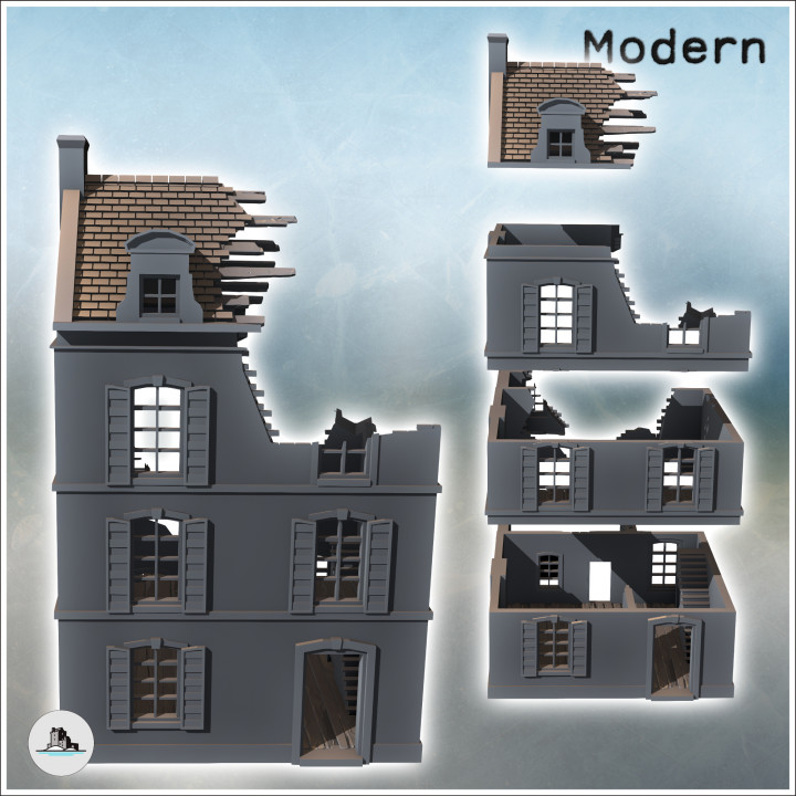 Square building with two floors and baroque-style roof windows (ruined version) (33) - Modern WW2 WW1 World War Diaroma Wargaming RPG Mini Hobby image
