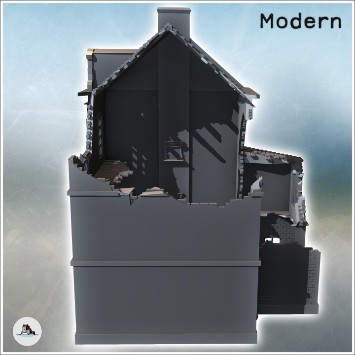 Square building with two floors and baroque-style roof windows (ruined version) (33) - Modern WW2 WW1 World War Diaroma Wargaming RPG Mini Hobby image
