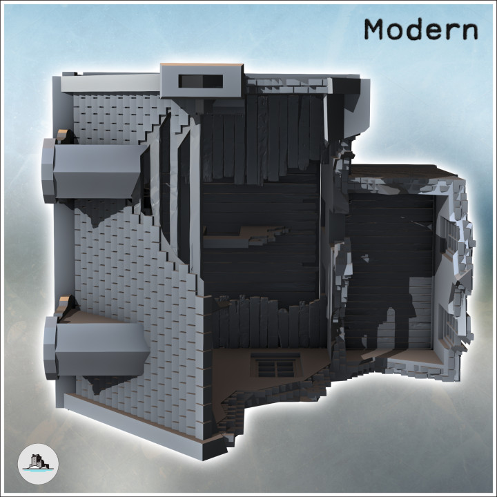 Two-story building with baroque-style roof windows and rear annex (ruined version) (35) - Modern WW2 WW1 World War Diaroma Wargaming RPG Mini Hobby