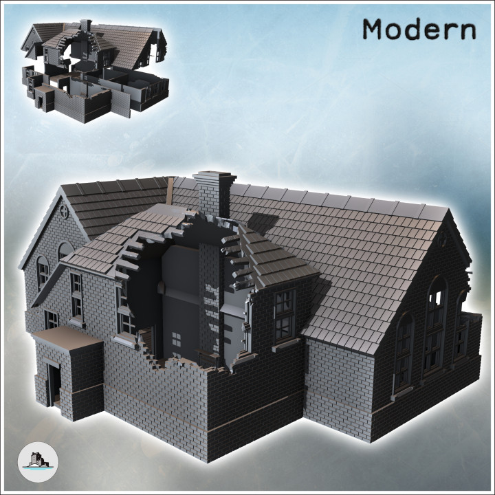 Large modern mansion with angled roof and central annex with chimney (destroyed version) (40) - Modern WW2 WW1 World War Diaroma Wargaming RPG Mini Hobby image