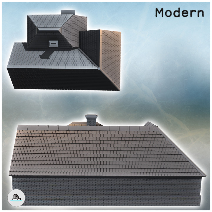 Large modern mansion with angled roof and central annex with chimney (intact version) (41) - Modern WW2 WW1 World War Diaroma Wargaming RPG Mini Hobby image