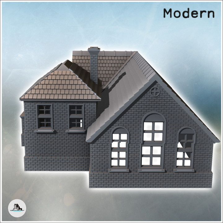 Large modern mansion with angled roof and central annex with chimney (intact version) (41) - Modern WW2 WW1 World War Diaroma Wargaming RPG Mini Hobby image