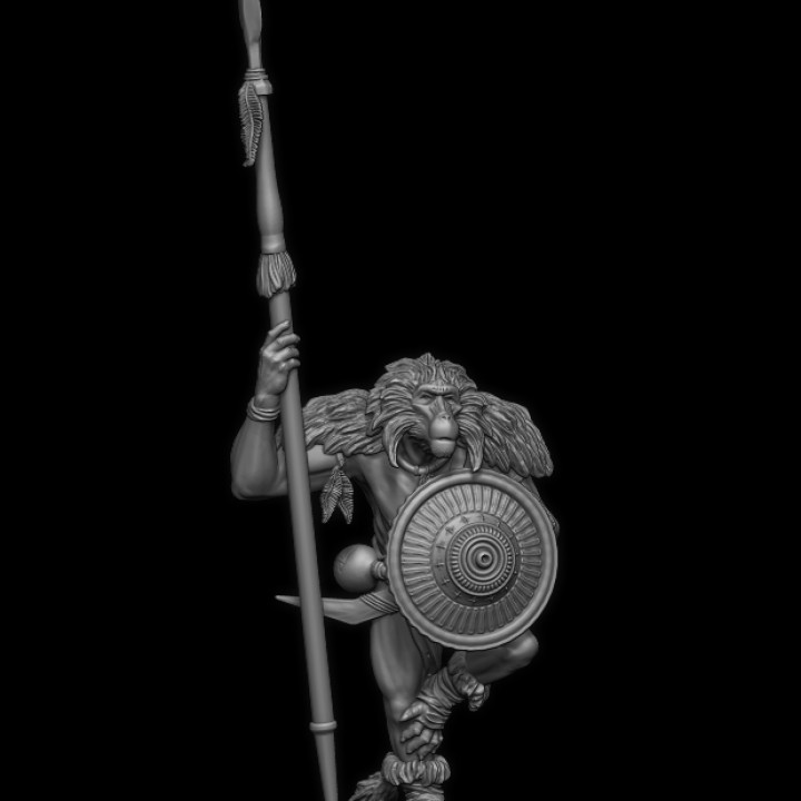 Gldn05: Geladan (baboon man) spearman standing. (Supported) image