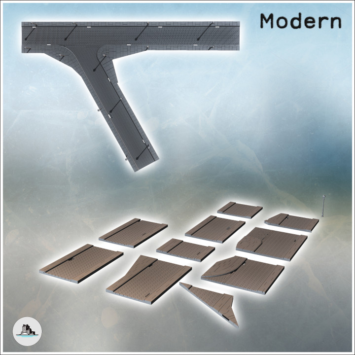 Set of modular paved streets with sidewalks and urban streetlights (5) - Modern WW2 WW1 World War Diaroma Wargaming RPG Mini Hobby