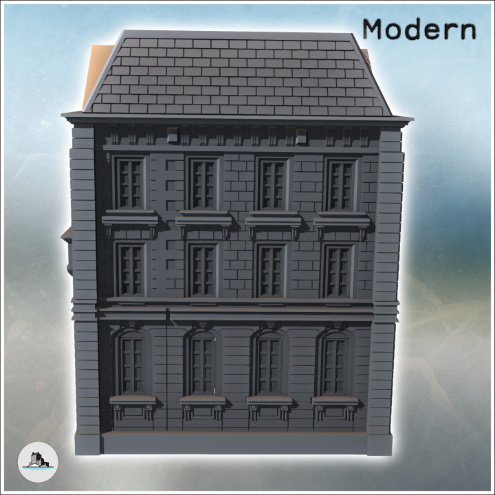 Grand neo-classical bank building with a sign, central balcony, and sculpted pediment (2) - Modern WW2 WW1 World War Diaroma Wargaming RPG Mini Hobby